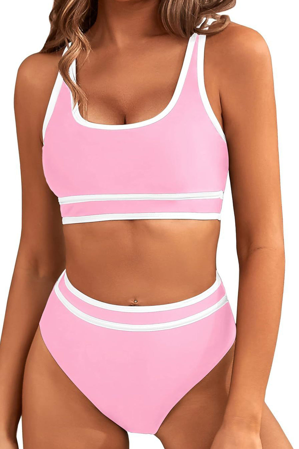 Contrast Trimmed U Neck High Waist Bikini