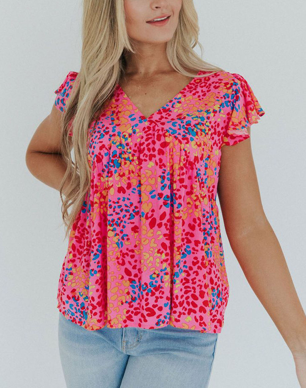 Leopard Print V Neck Flutter Sleeve Blouse