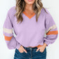 Contrast Rib Knit Patchwork Drop Shoulder V Neck Sweatshirt