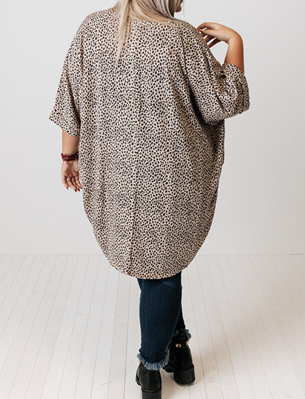 Plus Size Leopard Print Half Sleeve Open Front Cardigan