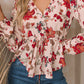 Floral Frilled V Neck Drawstring Peplum Blouse