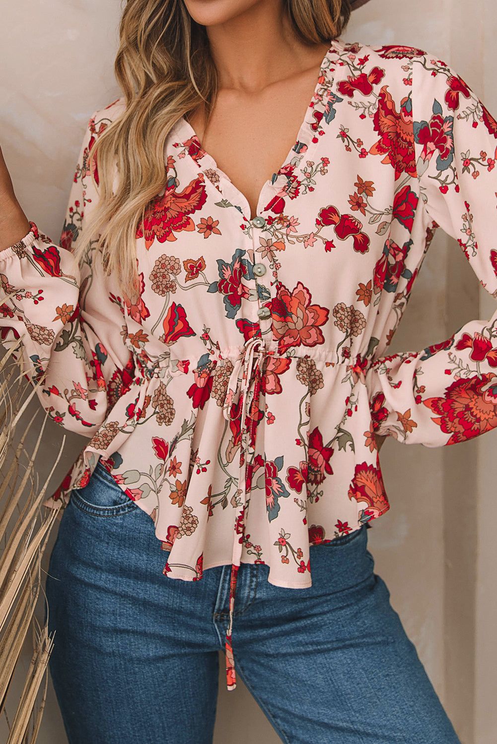 Floral Frilled V Neck Drawstring Peplum Blouse