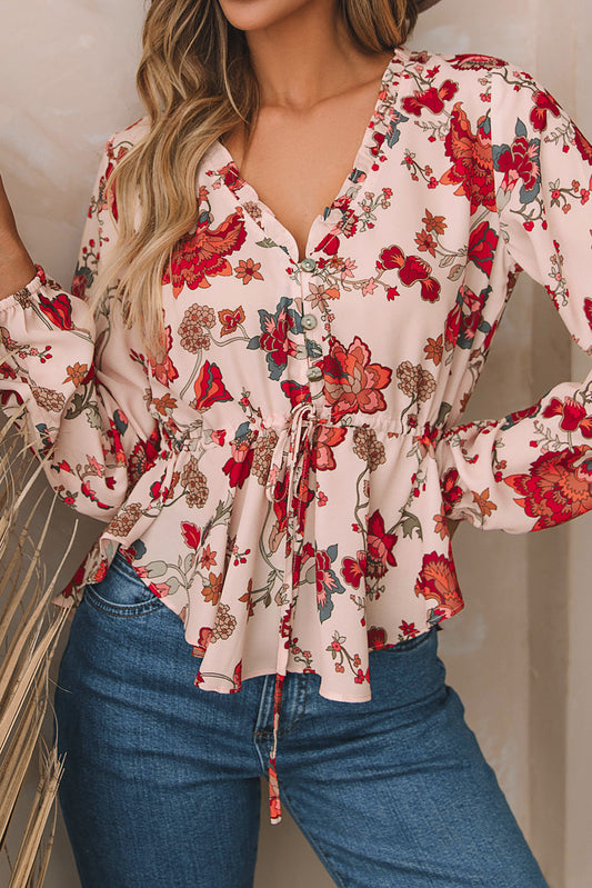 Floral Frilled V Neck Drawstring Peplum Blouse