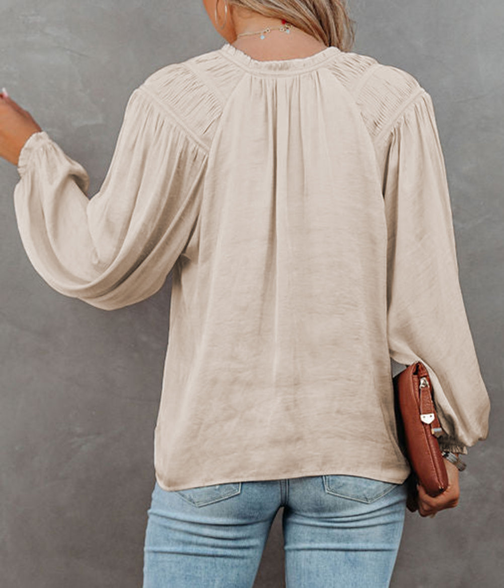 Pleated Balloon Sleeve Drawstring V-Neck Blouse