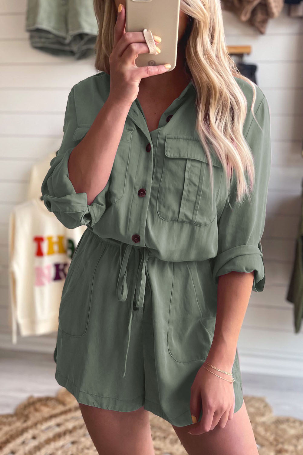 Roll up Sleeve Flap Pockets Drawstring Playsuit
