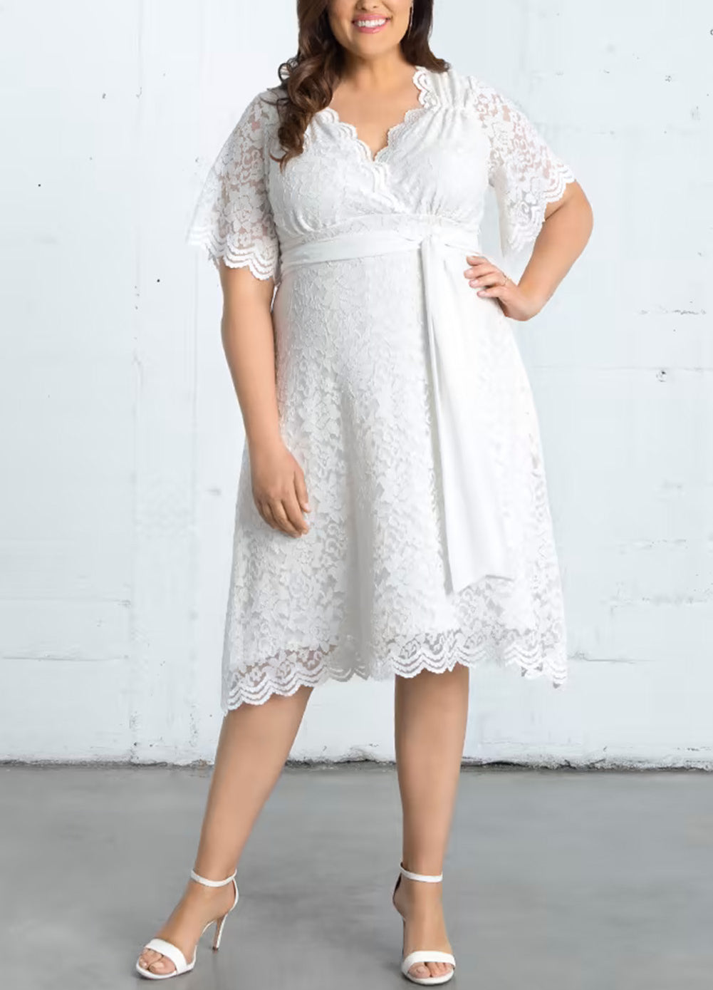 Scalloped Lace Wrap V Neck Plus Size Dress