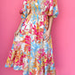 Tropical Print Smocked Bodice Puff Sleeve Maxi Dress