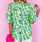 Abstract Print Button Back Ruffed High Neck Blouse