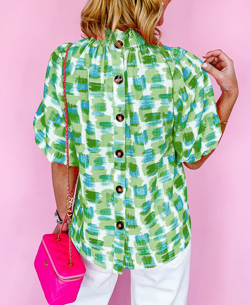 Abstract Print Button Back Ruffed High Neck Blouse