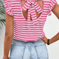Stripe Butterfly Sleeve V Neck Hollowed Knot Back T Shirt