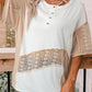 Lace Splicing Ribbed Patchwork Short Sleeve Henley Top