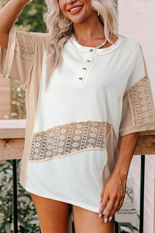 Lace Splicing Ribbed Patchwork Short Sleeve Henley Top
