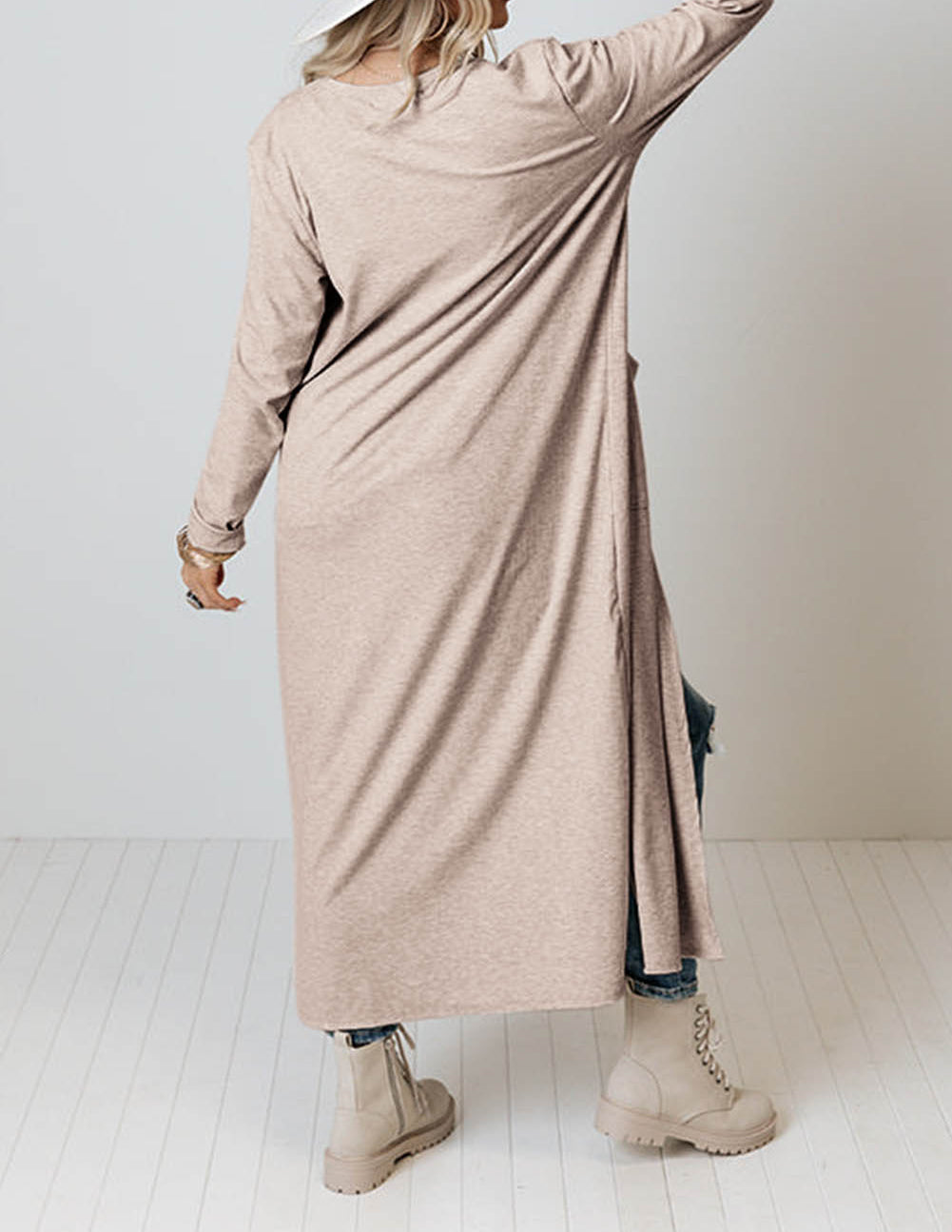 Open Front Pocketed Duster Cardigan with Slits