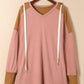 Waffle Knit Patchwork Drawstring V Neck Hoodie