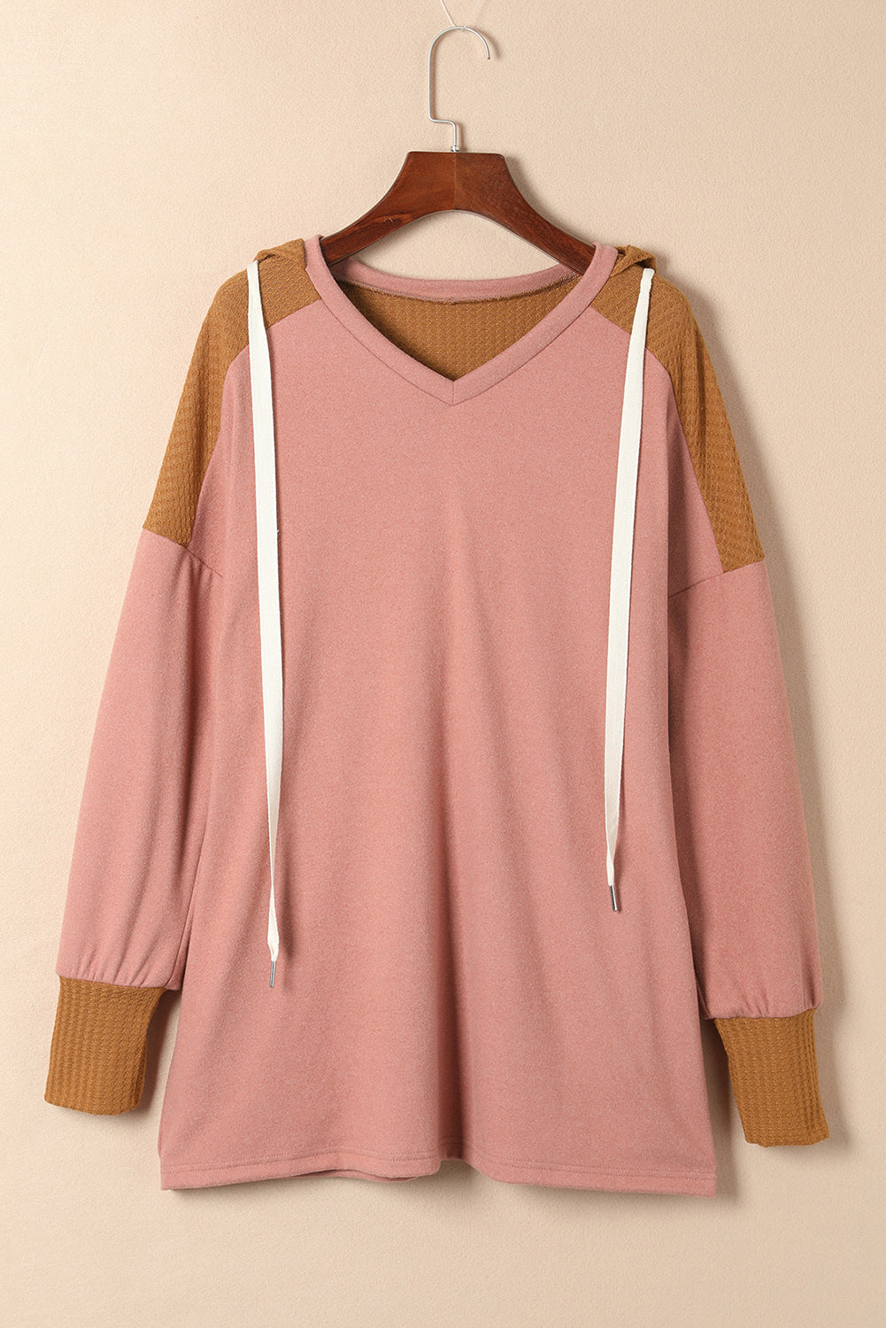 Waffle Knit Patchwork Drawstring V Neck Hoodie