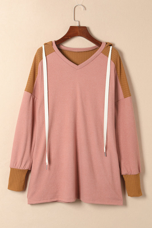 Waffle Knit Patchwork Drawstring V Neck Hoodie