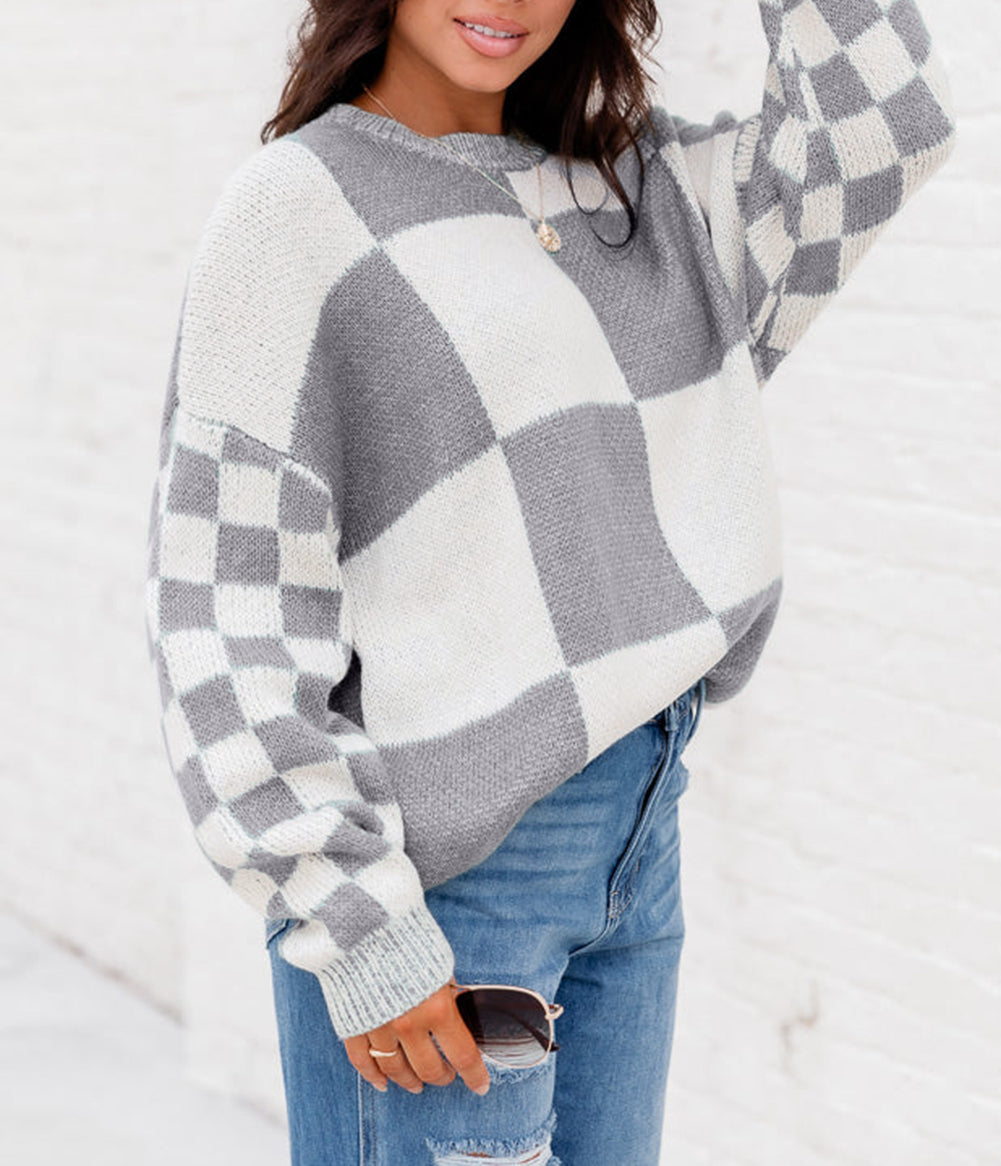 Checkered Print Drop Shoulder Sweater