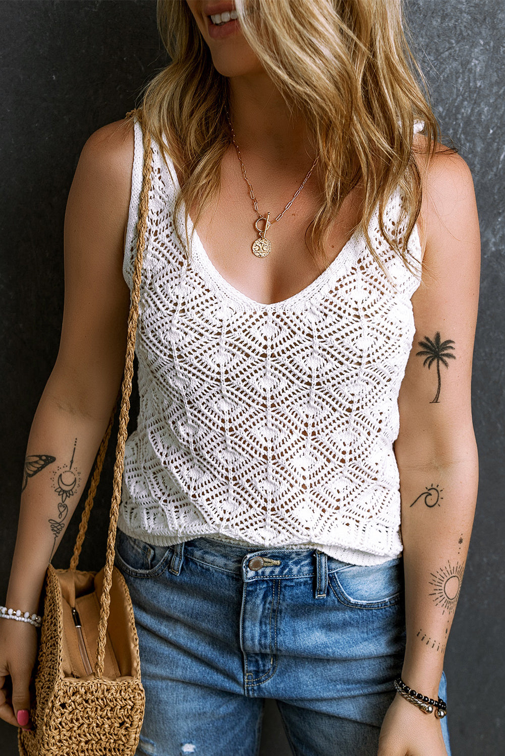Pointelle Crochet V Neck Knit Tank Top