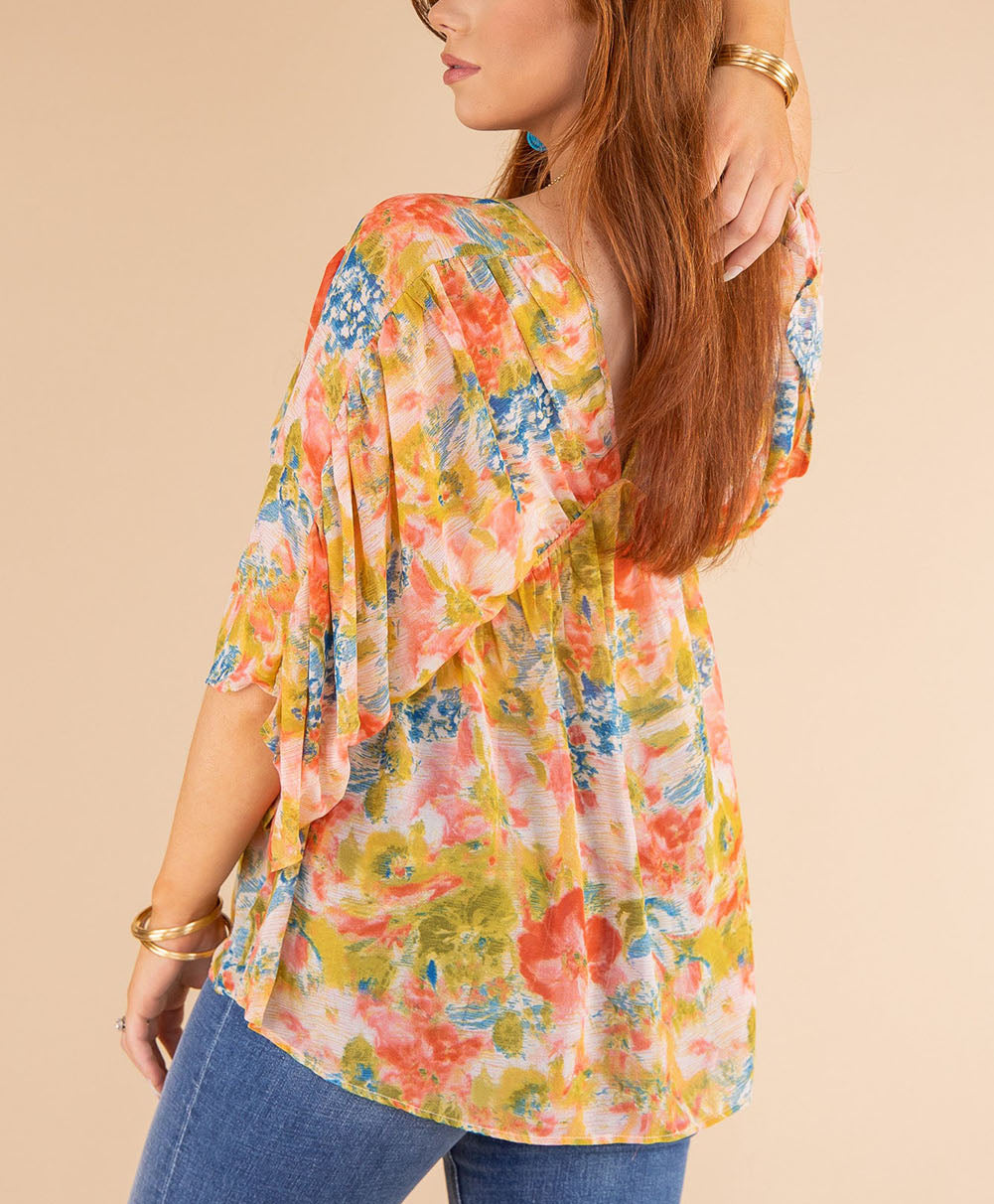 Abstract Print Drape Sleeve V Neck Plus Size Babydoll Blouse