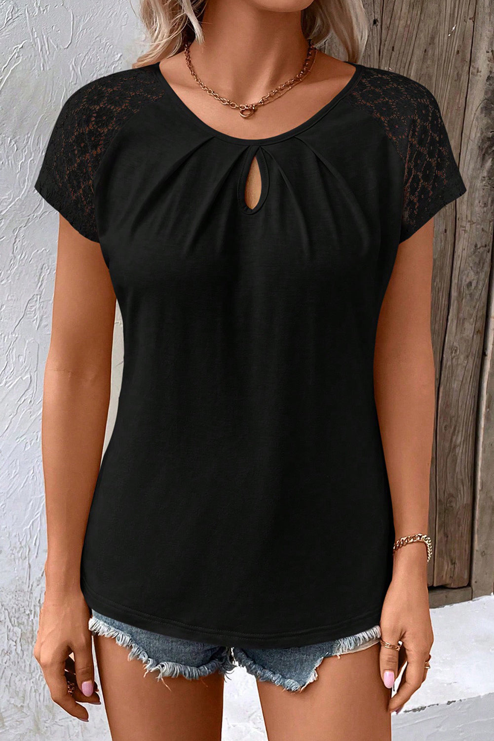 Contrast Lace Sleeve Keyhole Decor Top