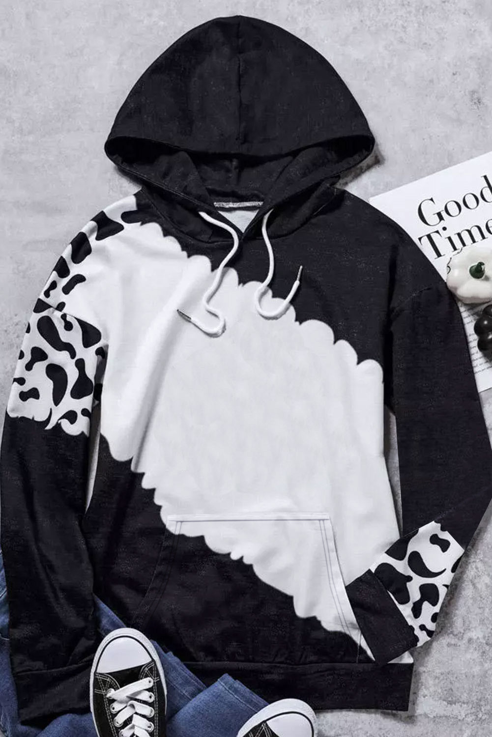 Cow Tie Dye Print Pocketed Drawstring Pullover Hoodie