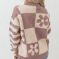 Checkered Floral Print Striped Sleeve Sweater