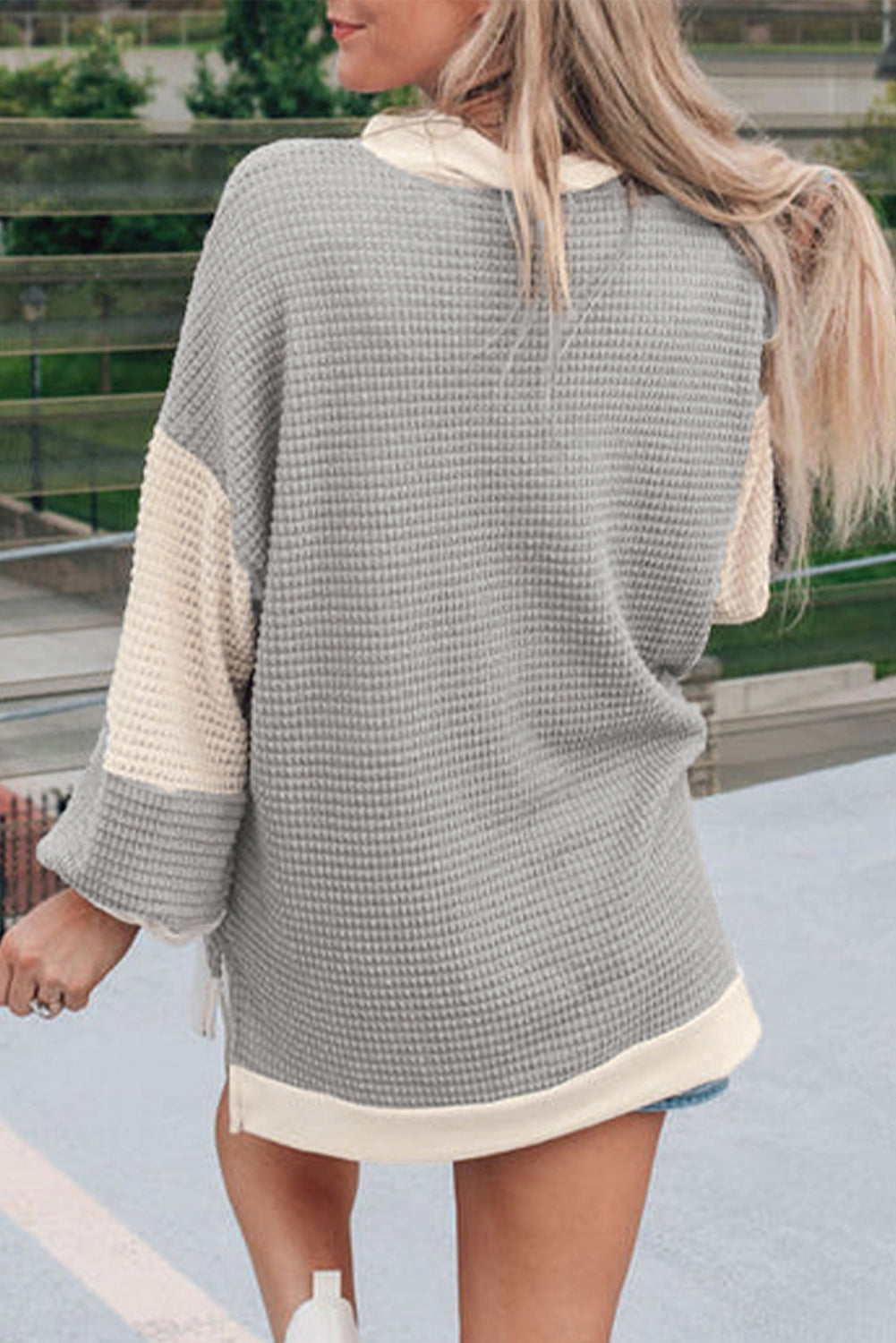 Textured Colorblock Collared Henley Top