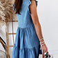 Crew Neck Flutter Tiered A-line Chambray Dress