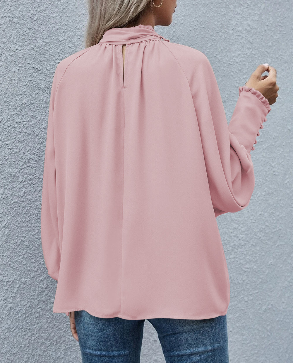 Frilled Knotted Mock Neck Bishop Sleeve Blouse