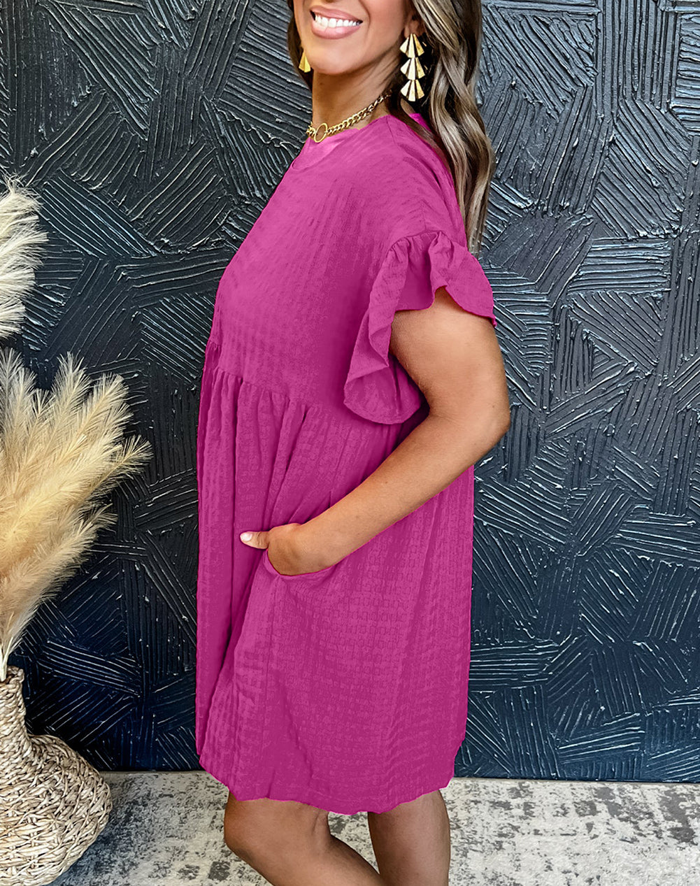 Textured Ruffled Short Sleeve Mini Dress