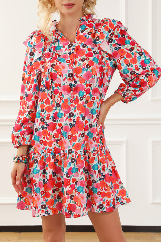 Ruffle Split Neck Floral Long Sleeve Dress