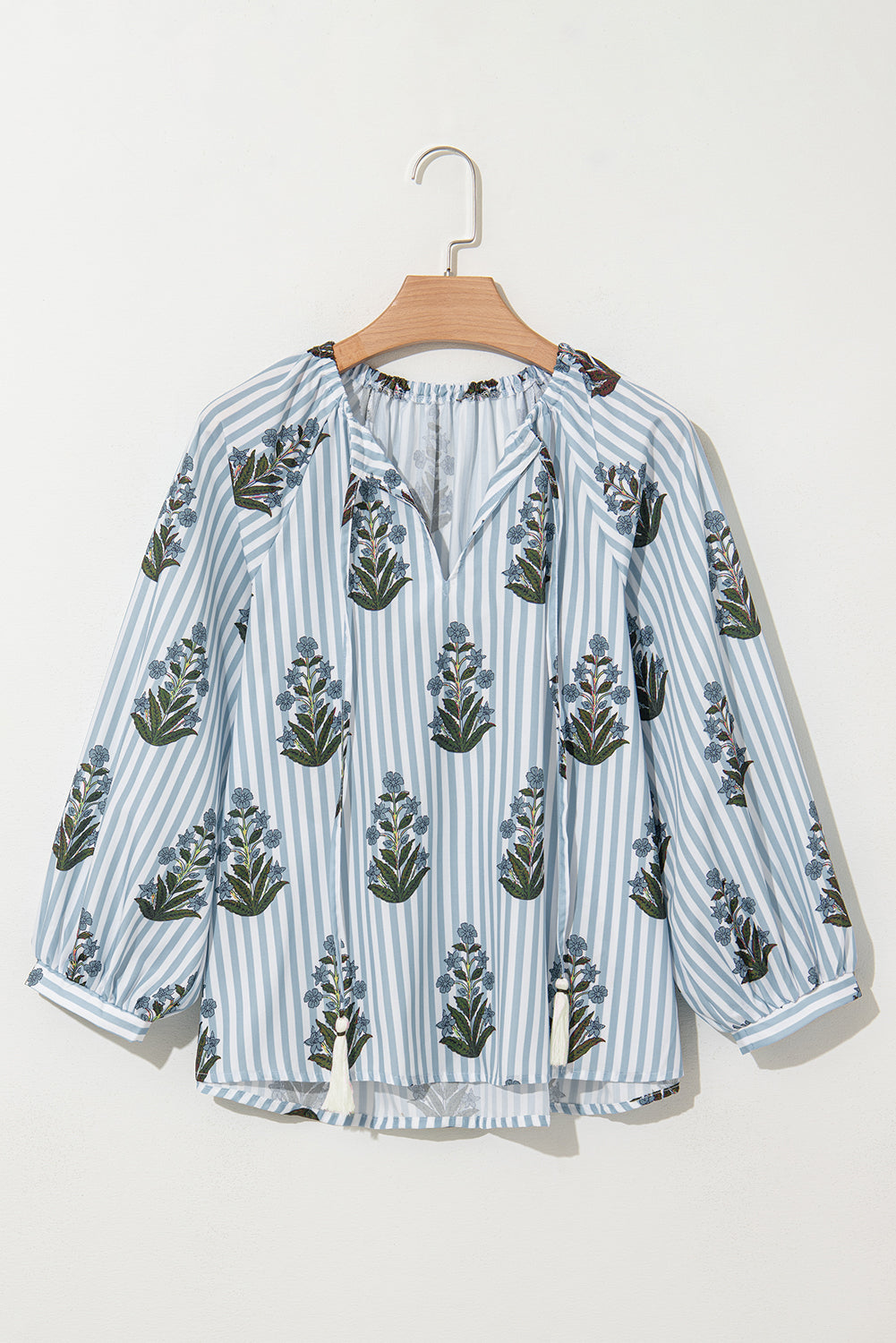 Striped Floral Printed Long Sleeve Tied V Neck Blouse