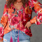 Floral Print Split Neck Tassel Tie Blouse