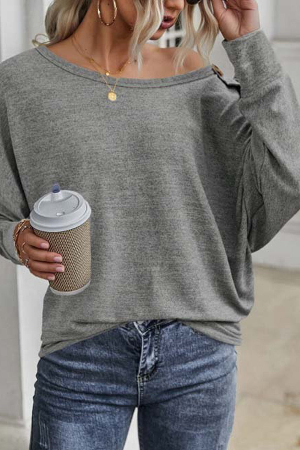 Solid Color Button Decor Dolman Sleeve Top