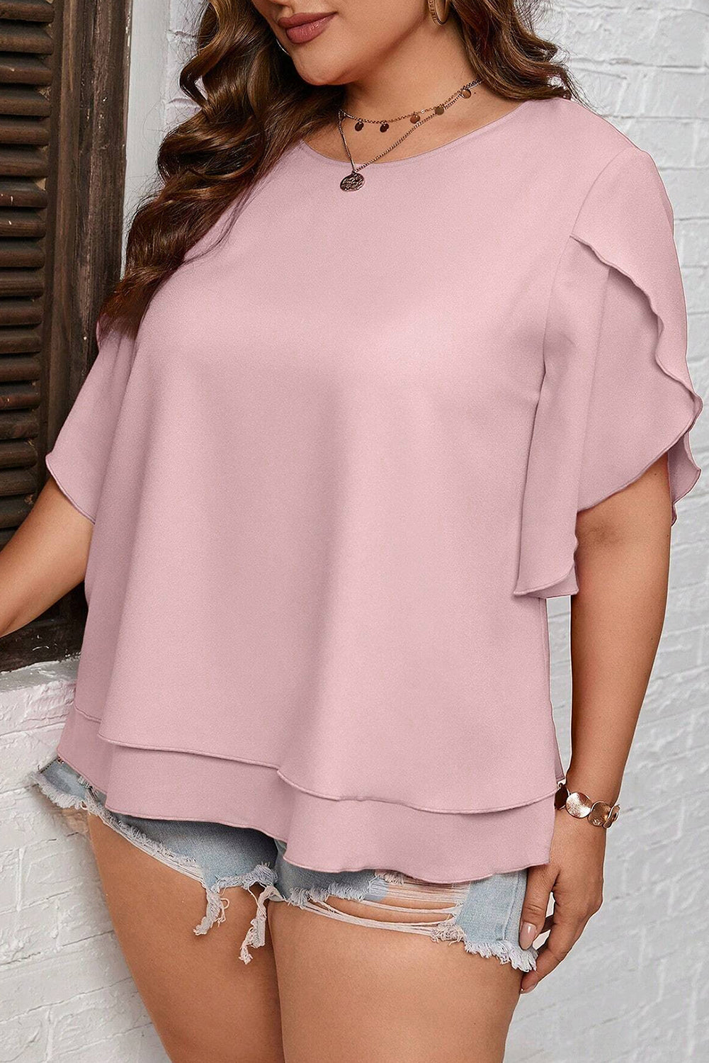 Plus Size Frilly Overlap Sleeve Double Layered Blouse
