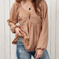 Notched V-Neck Smocked Back Peplum Blouse