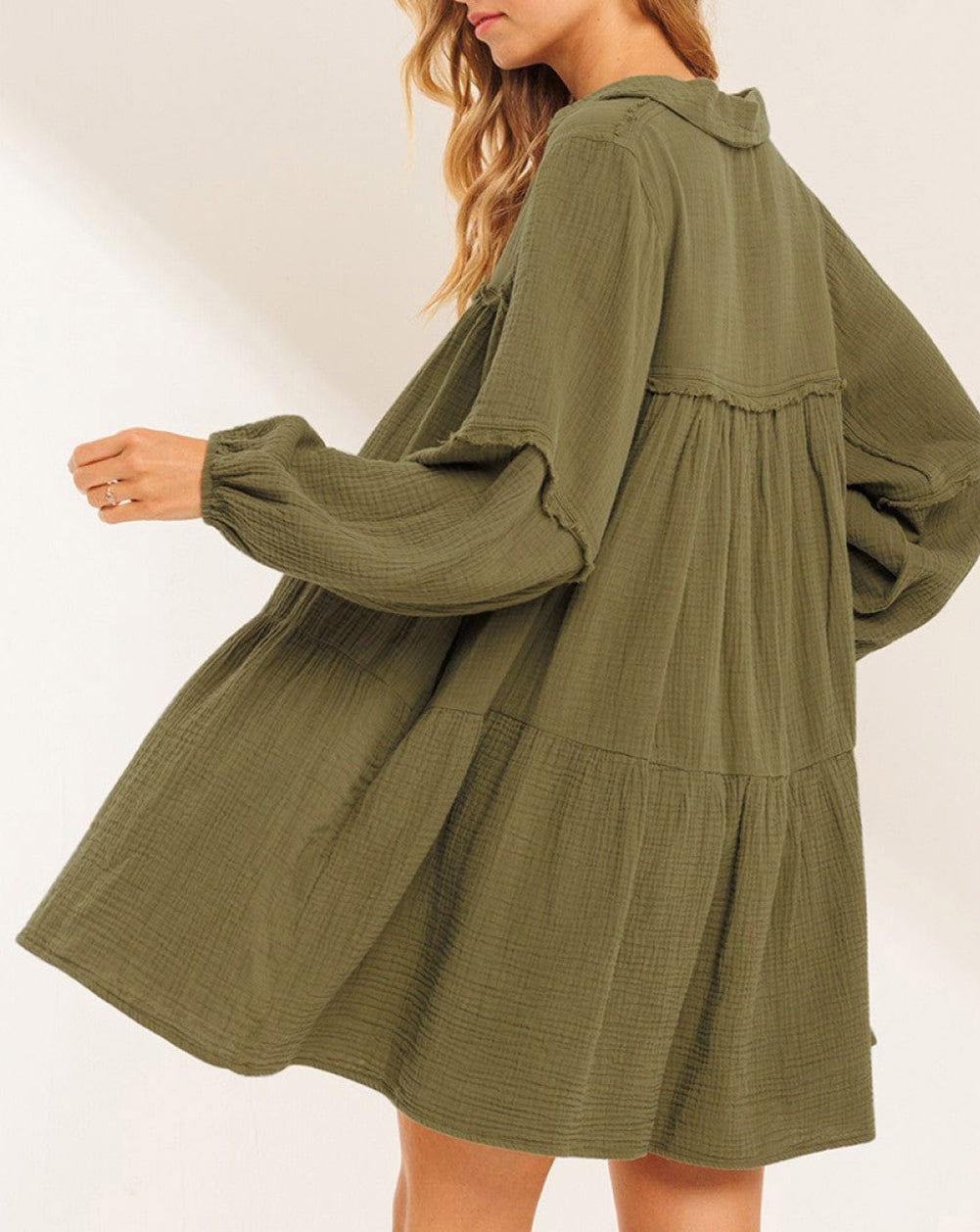 Frayed Trim Split Neck Puff Sleeve Flared Dress