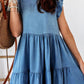 Crew Neck Flutter Tiered A-line Chambray Dress