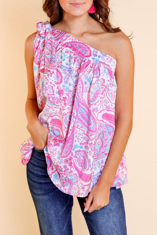 Knotted One Shoulder Paisley Print Tank Top