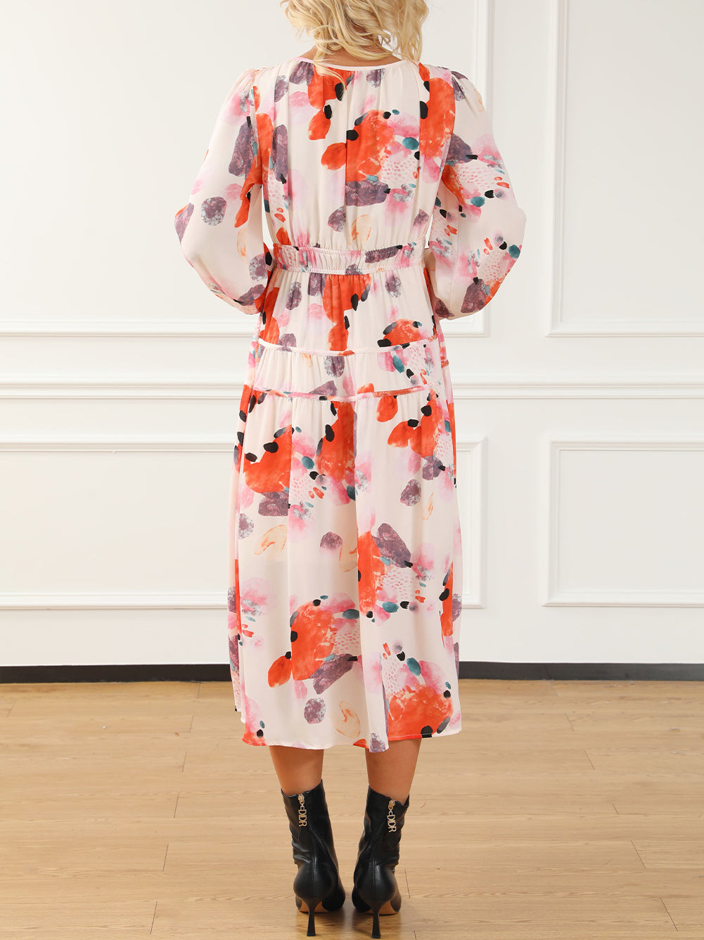 Abstract Print Pleated High Waist Maxi Dress