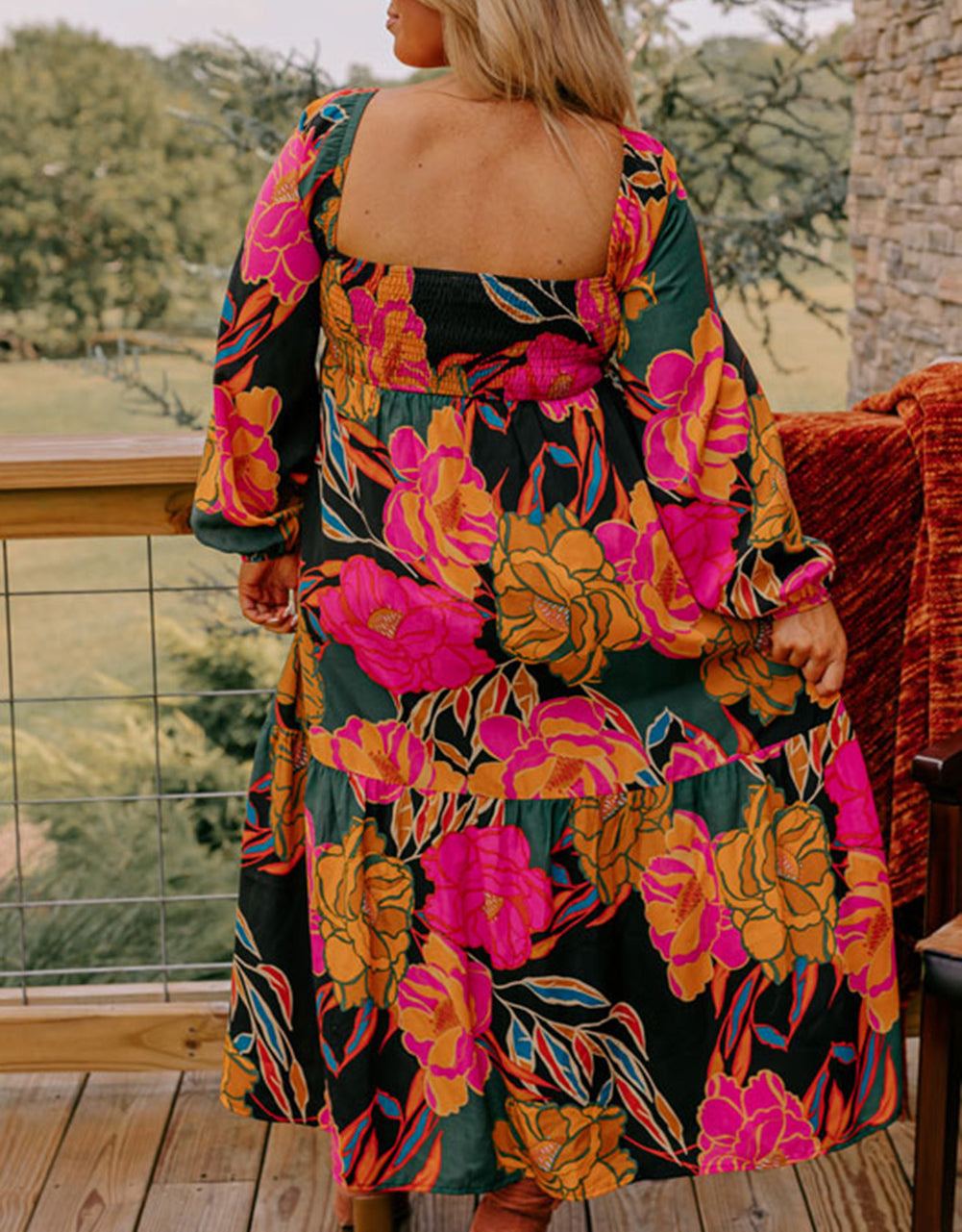 Floral Print Square Neck High Waist Plus Size Dress