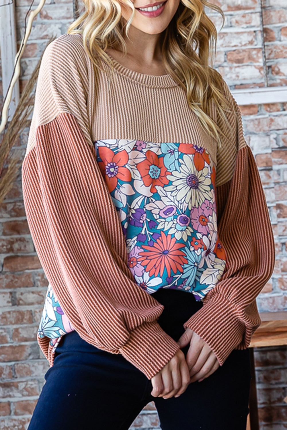 Floral Contrast Colorblock Ribbed Top