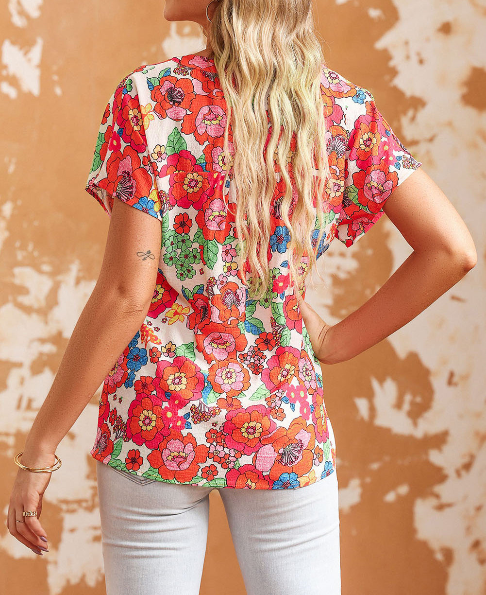 Red Floral Split Neck Top
