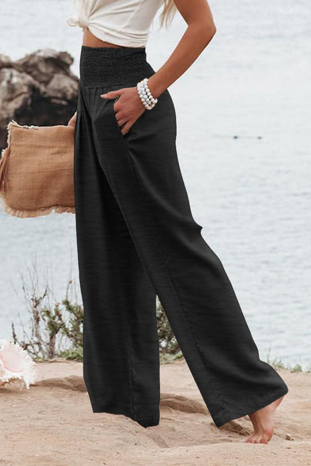 Shirred High Waist Plus Size Wide Leg Pants