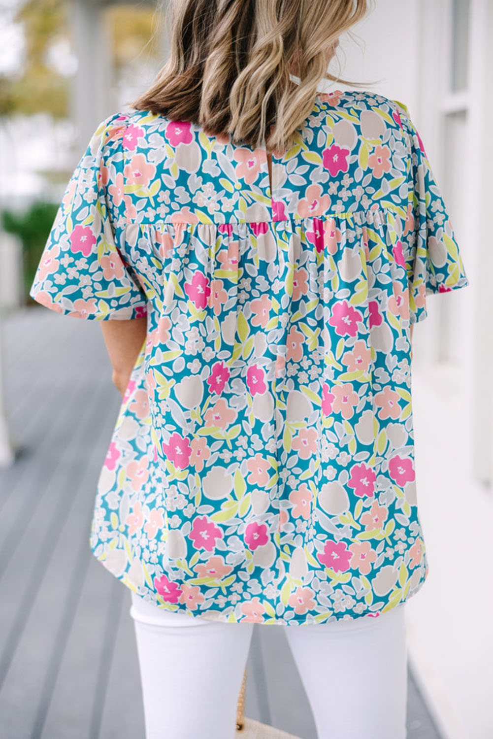 Floral Print O-neck Short Sleeve Babydoll Blouse