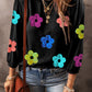 Sequin Flower Bracelet Sleeve Crew Neck Top