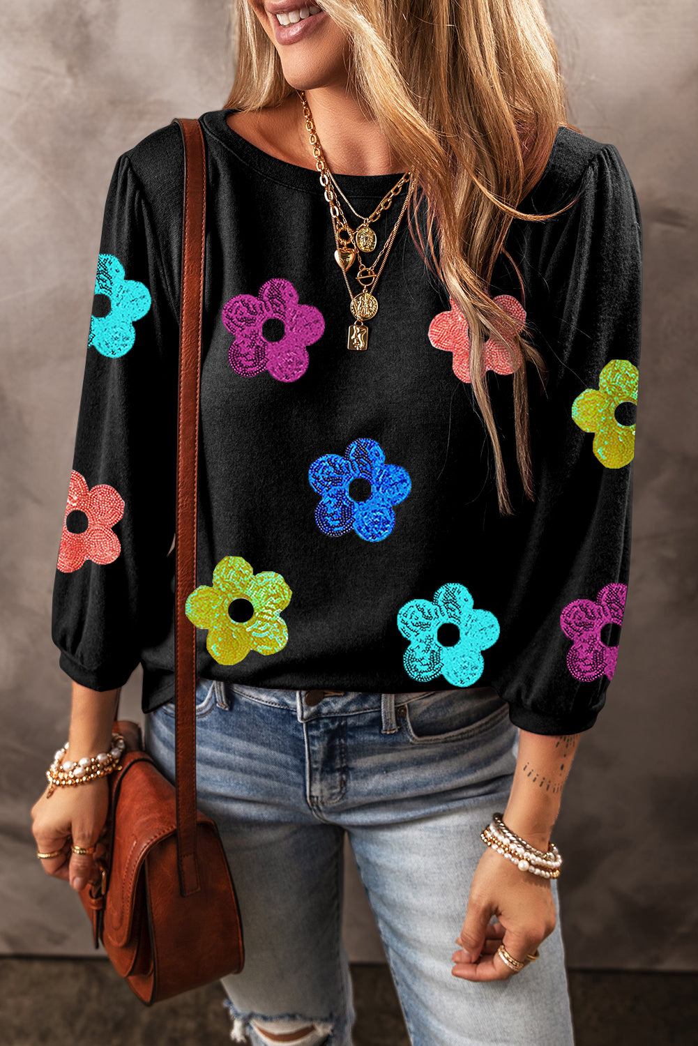 Sequin Flower Bracelet Sleeve Crew Neck Top