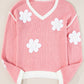 Flower V Neck Dropped Shoulder Sweater