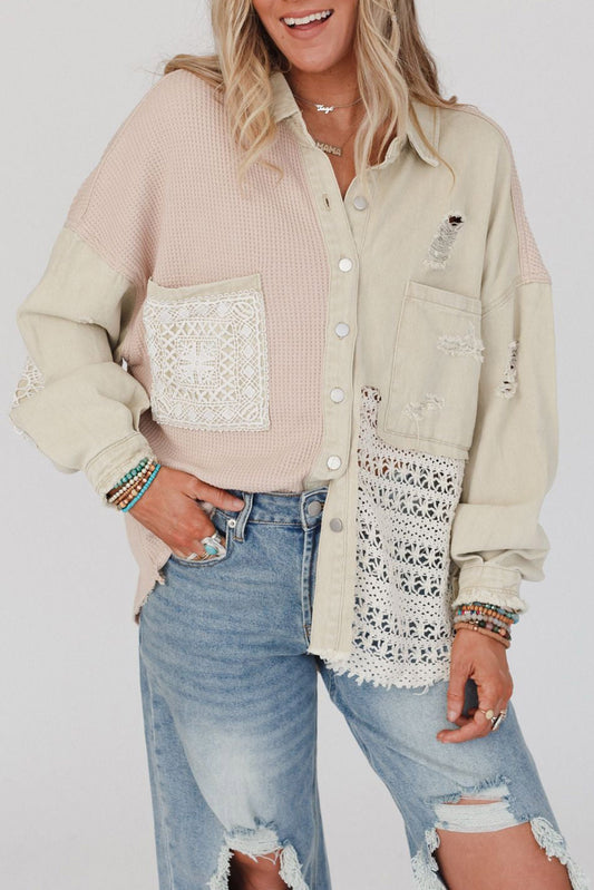 Lace Crochet Waffle Knit Patchwork Distressed Shacket