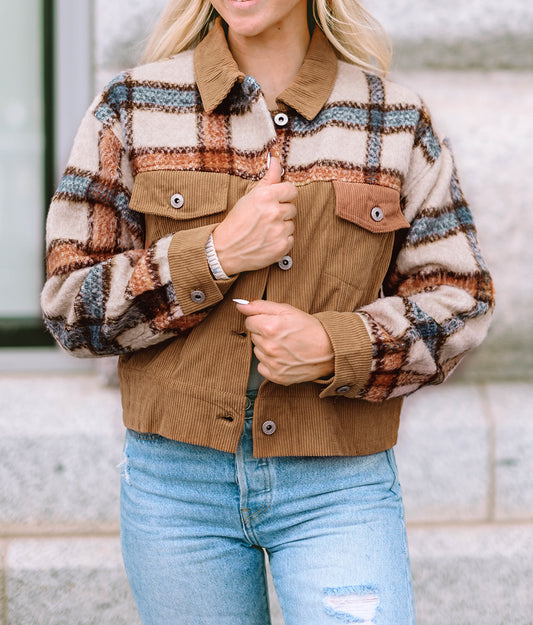Plaid Corduroy Flap Pockets Boxy Chunky Jacket